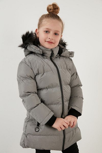 Lela Palton de iarnă pentru fete cu guler de blană artificială, căptușeală de pluș, palton de iarnă detașabil cu glugă, cu croiala subțire 5