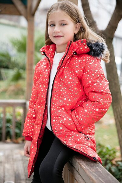 Lela Faux Fur Collar Star Pattern Removable Hooded Plush Lined Winter Coat Girls' M