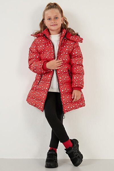 Lela Faux Fur Collar Star Pattern Removable Hooded Plush Lined Winter Coat Girls' M