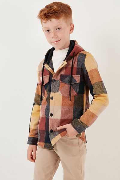Lela Hooded Double Pocket Plaid Winter Lumberjack Shirt Boy's Shirt CF24W81778