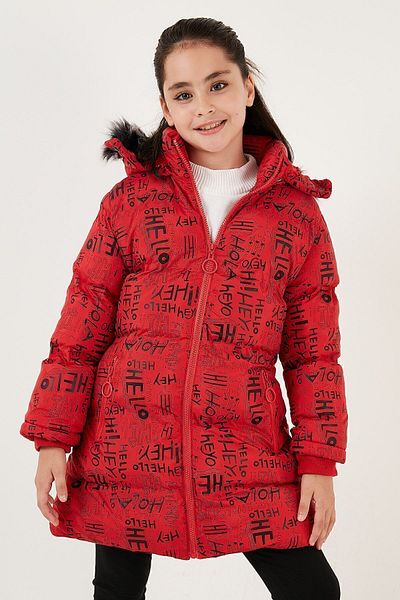 Lela Winter Coat with Faux Fur Text Print on the Collar and Removable Hooded Plush Lining for Girls