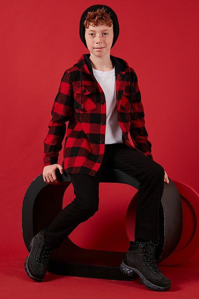 Lela Boy's Hooded Plaid Lumberjack Shirt - Double Pocket Cf25W81787