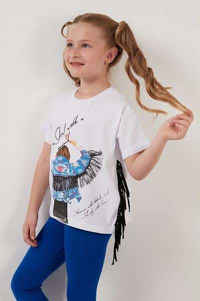 Lela Tricou cu detaliu cu ciucuri imprimat din bumbac cu decolteu rotund Tricou pentru fete 6211020