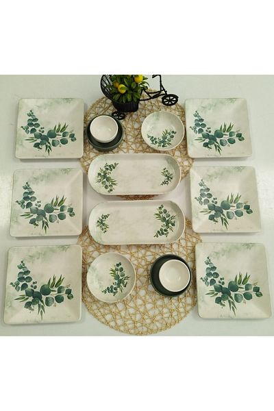 Keramika Eucalyptus Set for 6 People - Breakfast Square, 14 Pieces