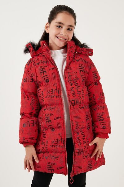 Lela Winter Coat with Faux Fur Text Print on the Collar and Removable Hooded Plush Lining for Girls
