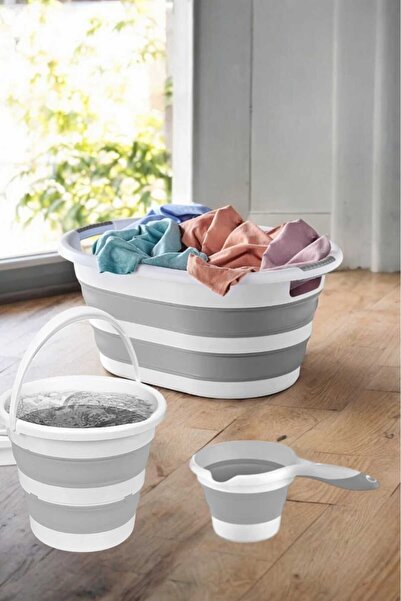 Herza House Katlanır Set 3lü Set - Çamaşır Sepeti 25 Lt - Kova 6 Lt - Maşrapa...