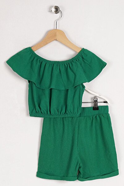 zepkids Boat Neck Shoulder Detailed Ruffle Sleeve Elastic Waist Pocket Detailed Dark Green Color Girl's Sorted Ta