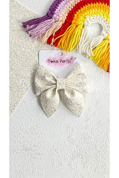 Toka Perisi Fundita pentru fete cu sclipici alb cu cataramă mare cu fundă (Sparkle)