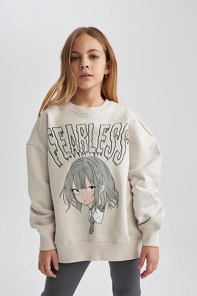 DeFacto Girls - Crew Neck Printed Soft Feather Oversize Sweatshirt B7816A823Wn