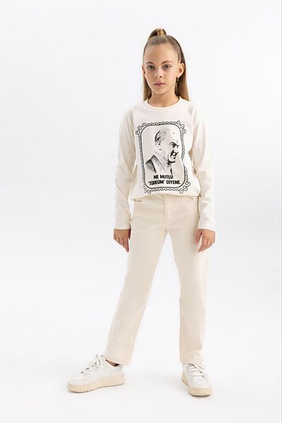 DeFacto Girls' Ataturk Printed Crew Neck Combed Cotton Long Sleeve T-Shirt B2427a823wn