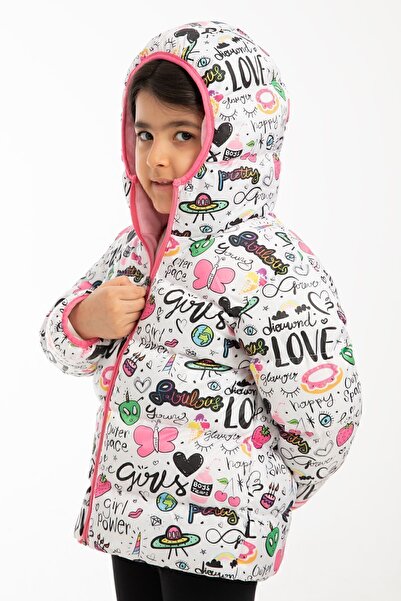 Montup Palton puf cu glugă din lână cu model fluture pentru fete - iarnă scrisă