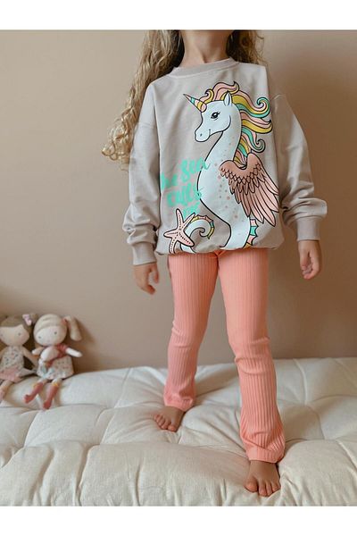 YİGİT BUTİK Yigit Boutique Unicorn Printed Girl's Set with Spanish Leg Leggings