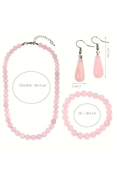 NehirTaş Certified Original Natural Pink Quartz Necklace Bracelet Earring Set
