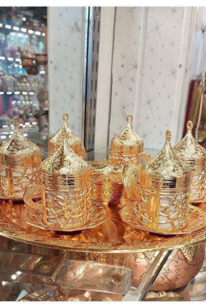 Bakır Center 6 Kişilik Fincan Takımı Gold - Bakır Osmanlı Desenli Motifli Türk Kahvesi Kahve Fincanı