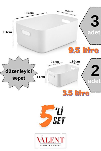 VALENT 5'li Set Mocha Düzenleyici Sepet, Mutfak Banyo Dekoratif Organizer, 3adet 9.5lt 2adet 3.5lt