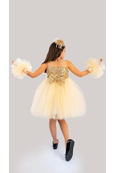 Buse&Eylül Bebe Gold Colored Girl's Birthday Party Dress with Pompom Sleeves