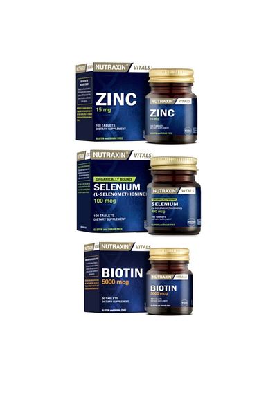 Nutraxin Zinc Supplement for Health - Skin, Hair, Nail 15Mg100 Tablets+biotin 30 Tablets+selenum 100 Tablets