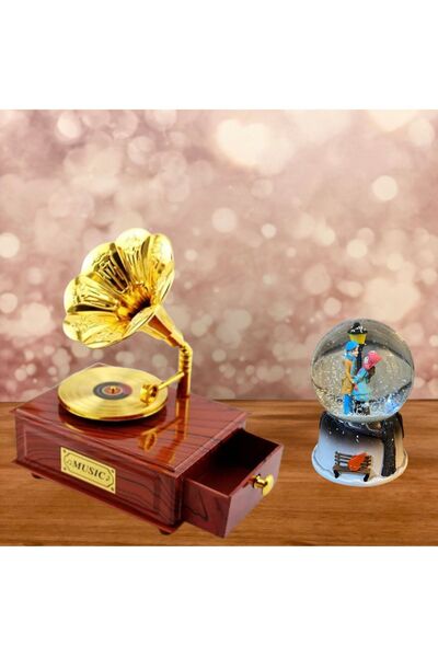 rk tasarım Nostaljik Gramafon Müzik Kutusu Ve Sokak Lambasının Altında Işıklı Kar Küresi Hediye