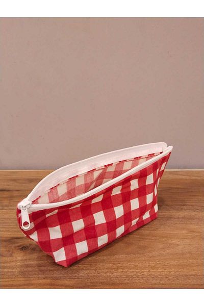 Elbasan Tekstil Red Gingham Washable Zippered Single Eye Cloth Pen Holder Makeup Bag