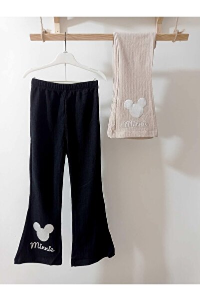krm kerem bebe Mickey Detaylı Bürümcük İspanyol Paça Kız Çocuk Pantolon