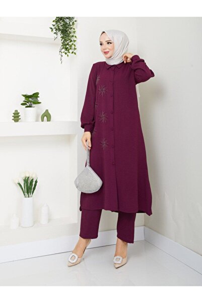 asyadabutik طقم مكون من قطعتين من Aerobin مقاس كبير - تونيك وقميص مزين بالترت...