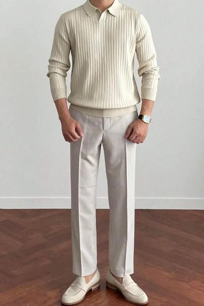 VİP LOKAL Men's Polo Collar Ribbed Cream Knitwear - Slim Fit