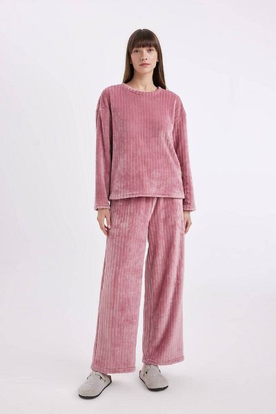 DeFacto Set de pijamale de bază Welsoft Plush - mânecă lungă, picior lat lat, talie elastică