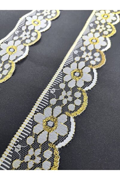 FASHİON DANTEL Lycra Free Nylon Lace 5.0 cm Width 5 Mt Black Gold and White Gold Color Glitter Lace Edge Model