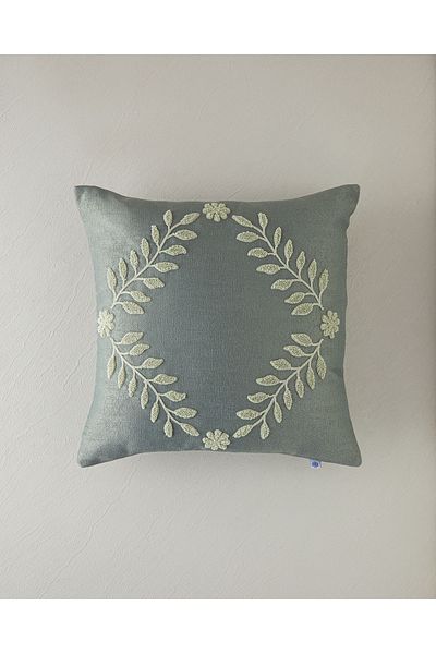 English Home Green Embroidered Blad Punch Throw Pillow Cover