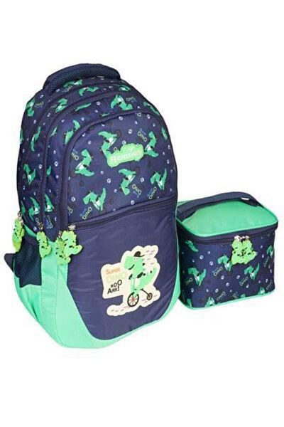 Relaxion Geantă de școală primară cu dinozaur albastru-verde cu cutie de prânz 1350