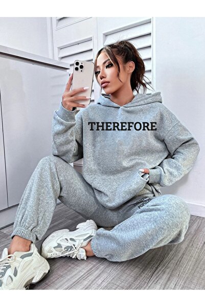 MODARİCH Γκρι εμπριμέ Σετ φούτερ Jogger - Φούτερ με κουκούλα