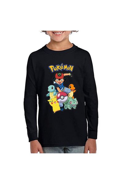 TakeTshirt Черна детска тениска с шарки на Pokemon Ash и Pikachu - дълъг ръкав, унисекс кройка