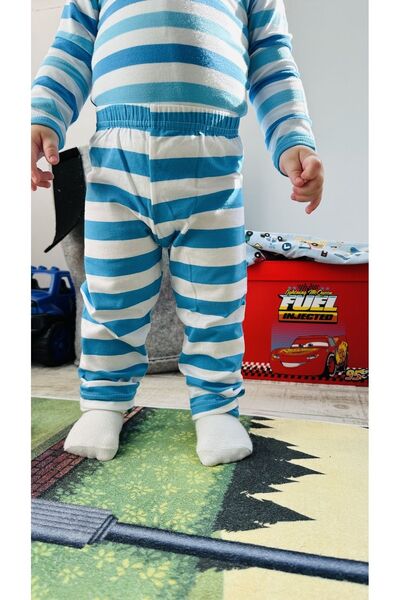 TD Collection Mavi Çizgili Penye Kumaş Çocuk / Bebek Kız - Erkek Pantolon %100 pamuklu