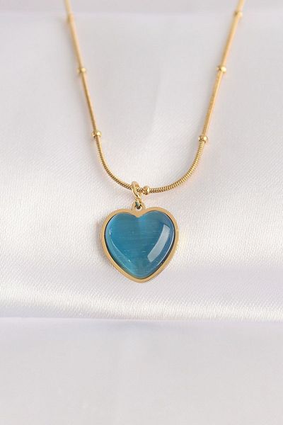 MELFSHOP M3LF- 316l Steel Chain and Gold Colored Blue Pearlescent Heart Figure Necklace