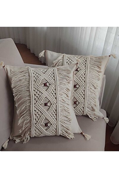 TRENDİN YOLU Bohemian Style Two Pieces Wooden Beaded Macrame Throw Pillow Cover