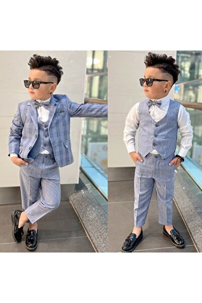 rainkids Kapaklı Ekose Ceket Yelekli 3 lü Klasik Takım RKKC4001
