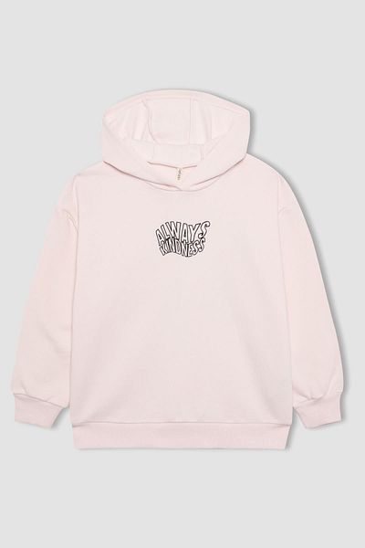 DeFacto Printed Oversize Hooded Sweatshirt for Girl - Soft Feather, Thick - B0952A823Au