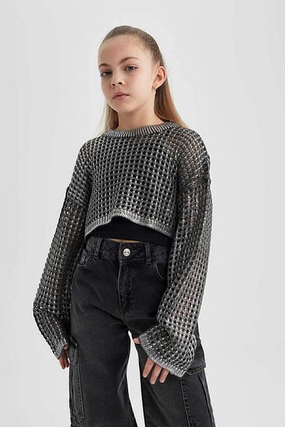 DeFacto Girl's Crop Crew Neck Openwork Knitwear Sweater C0537A824Sp