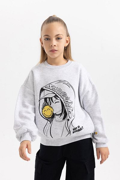 DeFacto Smileyworld Sweatshirt for Girls - Oversize Crew Neck, Soft Feather, Thick Sweatshirt