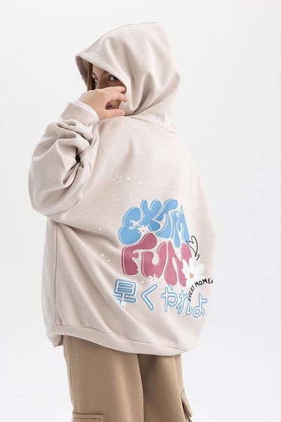 DeFacto Dívčí Soft Furry Oversize mikina s kapucí - Potištěná B4678a823wn