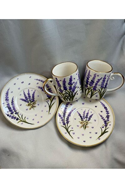 Store El Boyama Kahve Fincanları Mor Lavanta Çiçek Türk Kahve Fincanı Hediyesi (2 ADET)