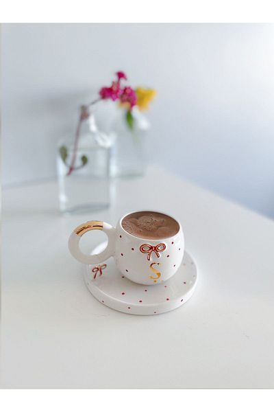 Mugtasarım 24 K Gold Gilded Red Double Turkish Coffee Cup - Letter Ş