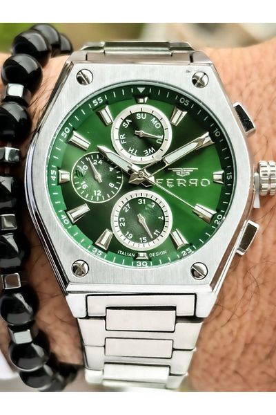 FERRO Men's Silver Wristwatch - Functions Active, Bracelet Rosary New Collection