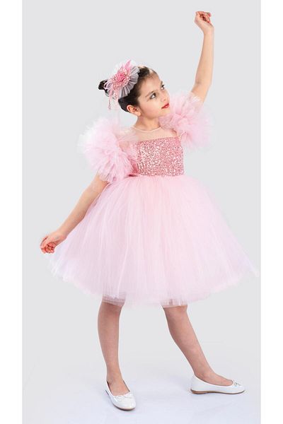 Buse&Eylül Bebe Pemde Colorful Pompom Sleeve Girl's Birthday Party Dress