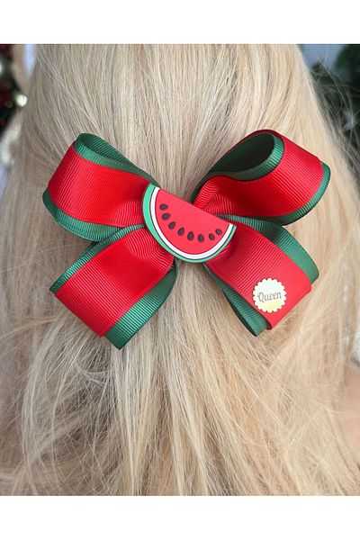 QUEEN AKSESUAR Luxury Design - Red Green 3D Watermelon with Tailfold and Bow, Auto Clip Toqa