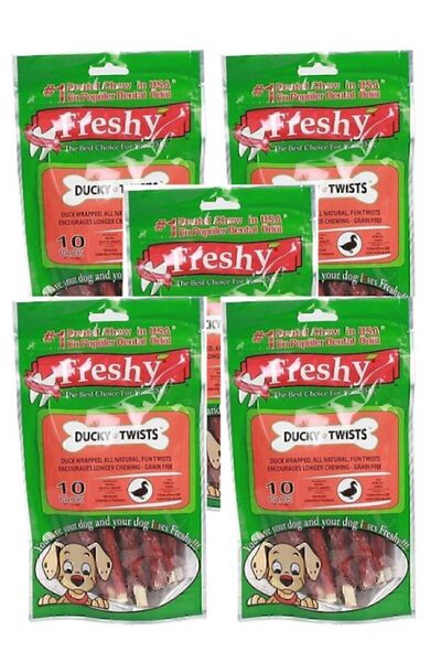 Freshy Ducky Twists - Ördek Kaplı Sütlü Burgu Köpek Ödülü 90 Gr-10 Çubuk 5li Paket