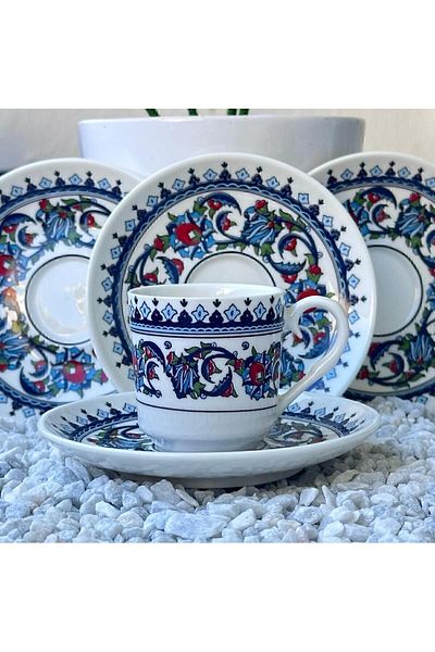BİRSEV Porcelain Topkapı Tile Patterned Turkish Coffee Cup Set for 6 Persons 12 Pieces