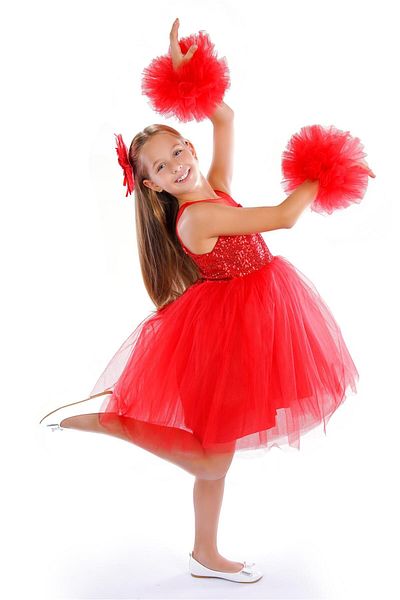 Buse&Eylül Bebe Girl's Birthday Party Dress - Red Pompom Sleeves