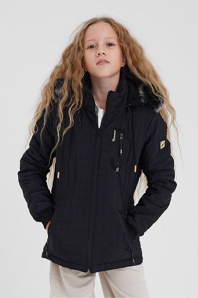 SİVAİST Girl's Navy Blue Quilted Jacket - Water and Windproof, Detachable Hood