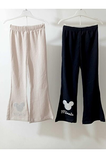 krm kerem bebe Mickey Detaylı Bürümcük İspanyol Paça Kız Çocuk Pantolon